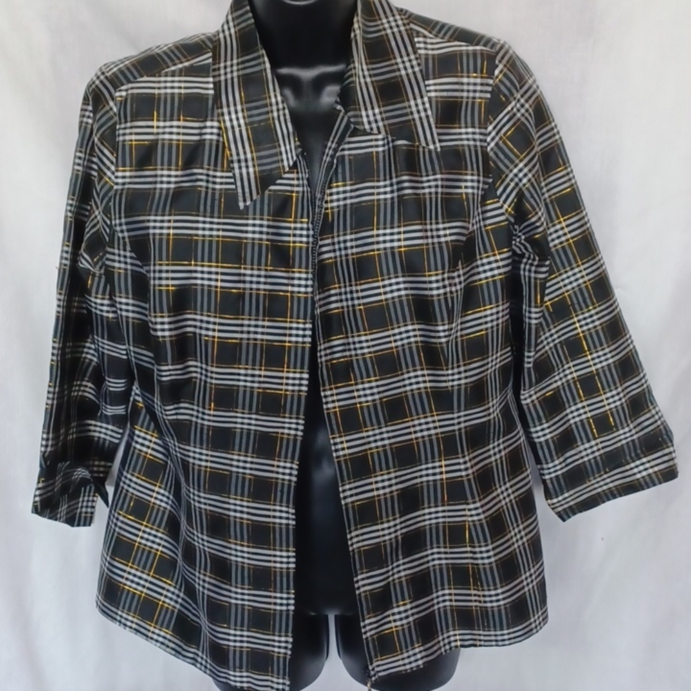 Anne Carson Silk Blazer Medium Black White Gold Plaid